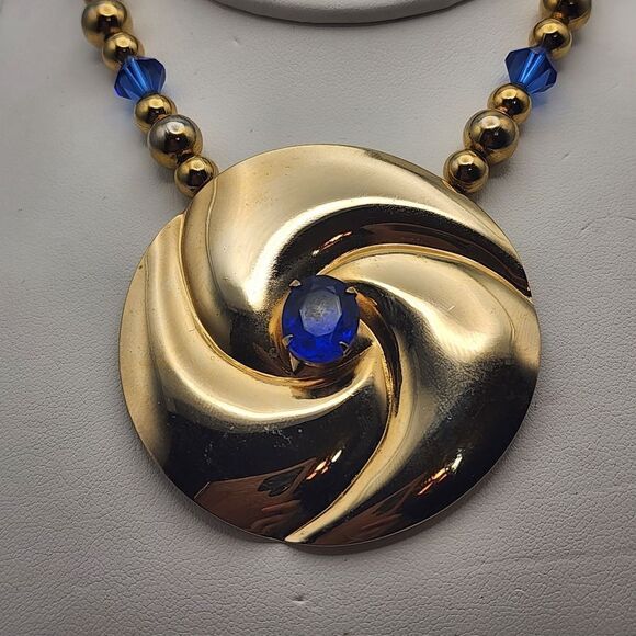 Vintage Karla Jordan Gold Tone & Blue Necklace - Picture 2 of 5